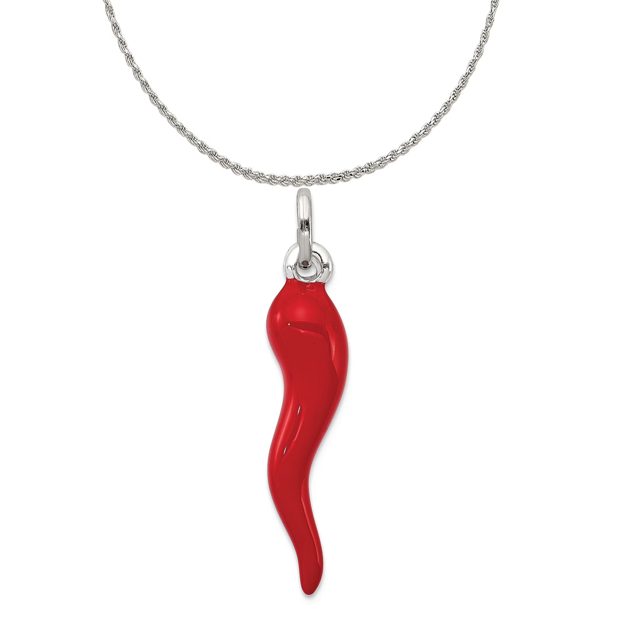 Sterling Silver Red Enamel Italian Horn Charm Pendant with Rope Chain Necklace 16'' X807