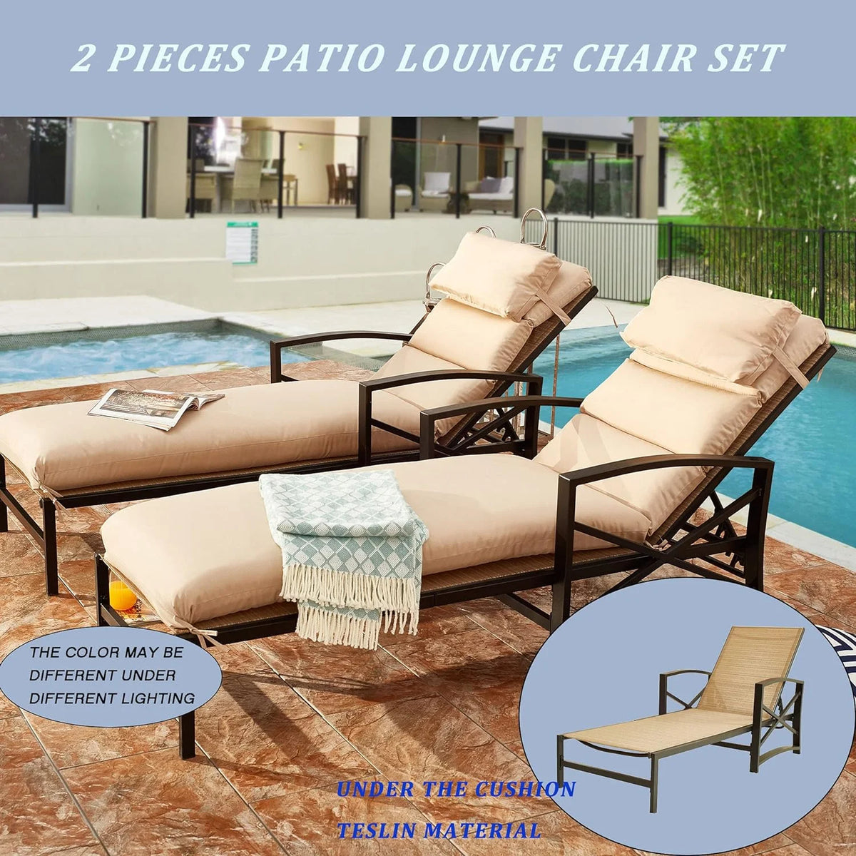 2 Piece Patio Chaise Lounge Chair Set with Cushions O7134