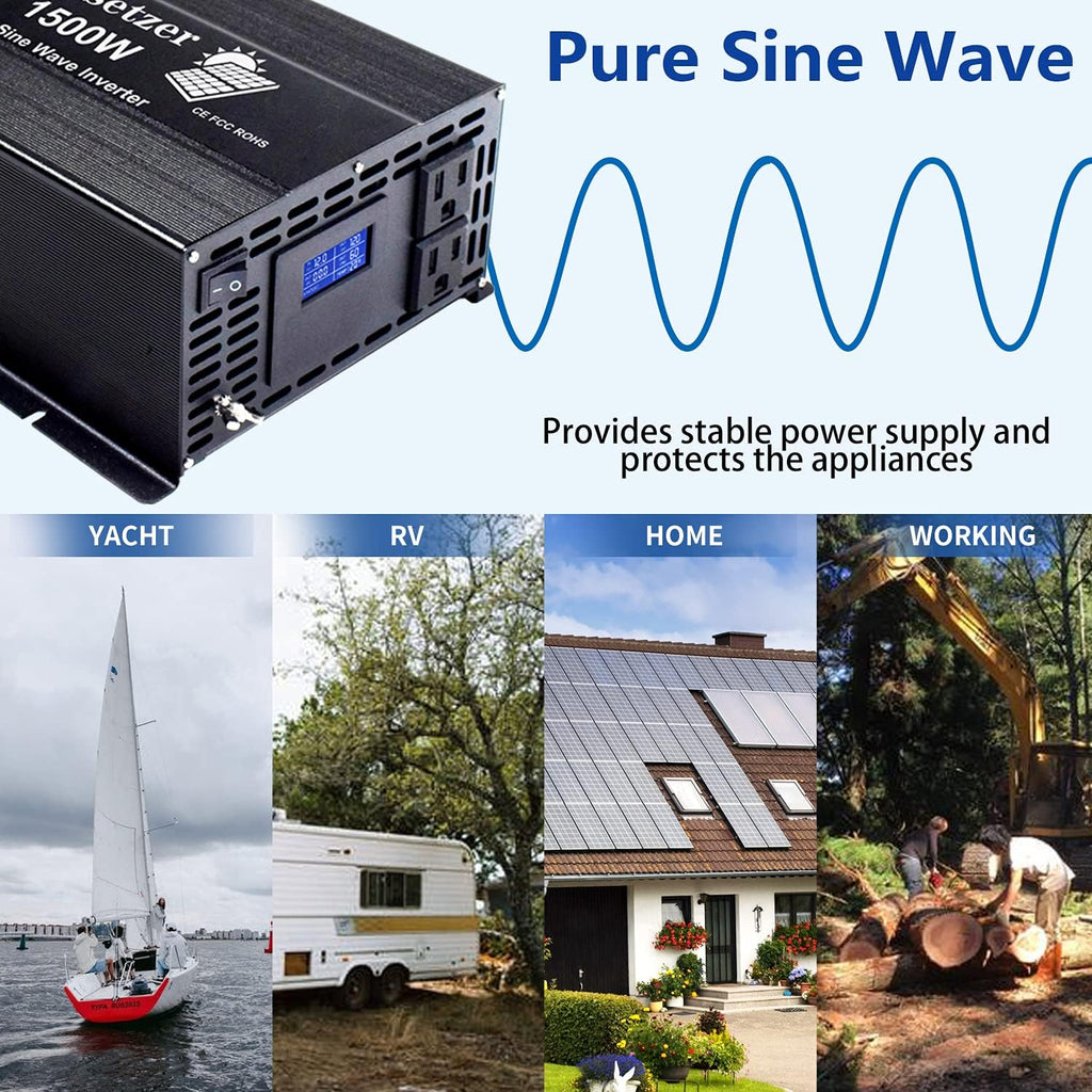 1500w 12v Pure Sine Wave Power Inverter DC to AC 110v 120v with Dual US Outlet and LCD Display J450