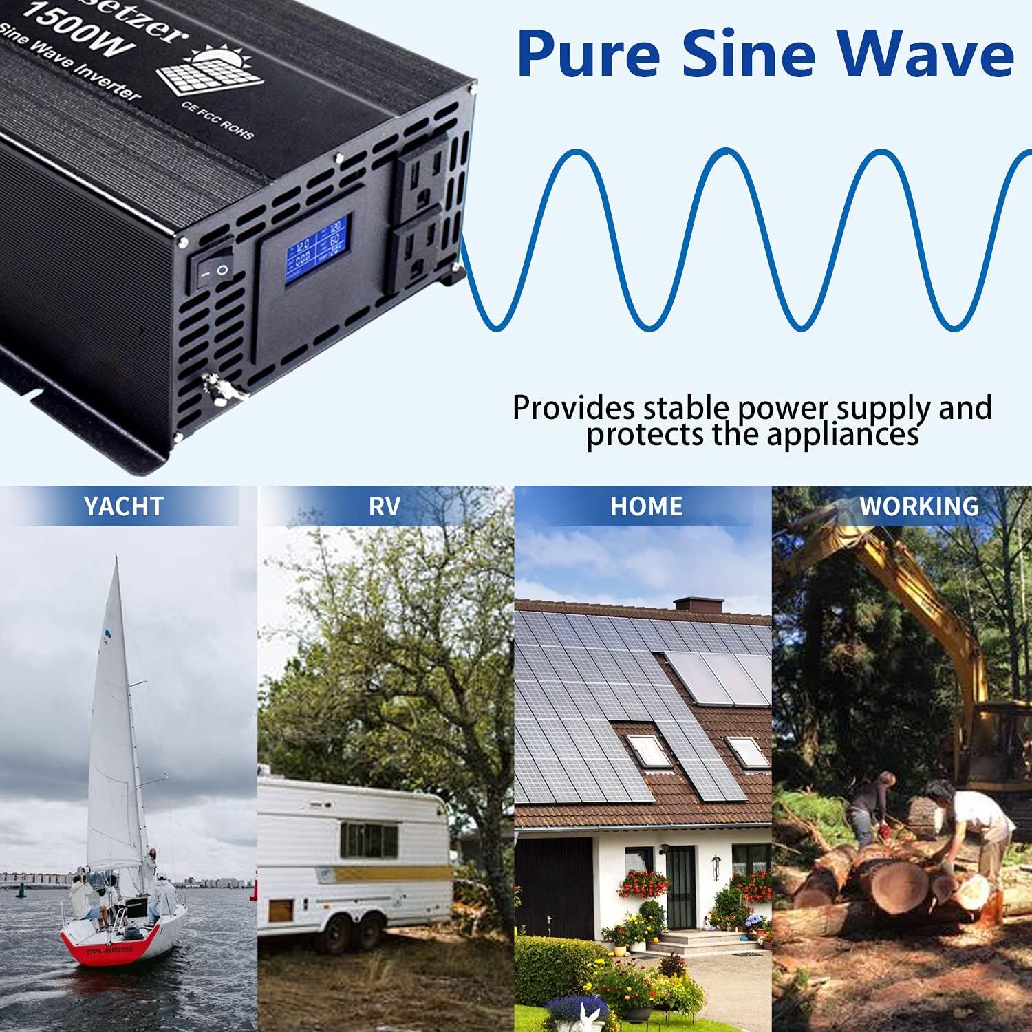1500w 12v Pure Sine Wave Power Inverter DC to AC 110v 120v with Dual US Outlet and LCD Display J450