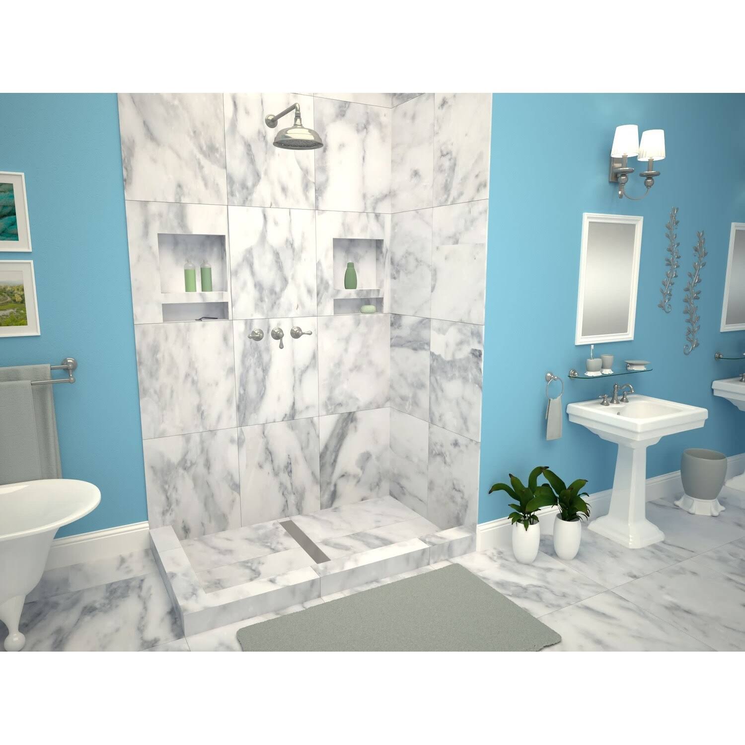 Double Curb Shower Pan with Center Trench Drain Y994955