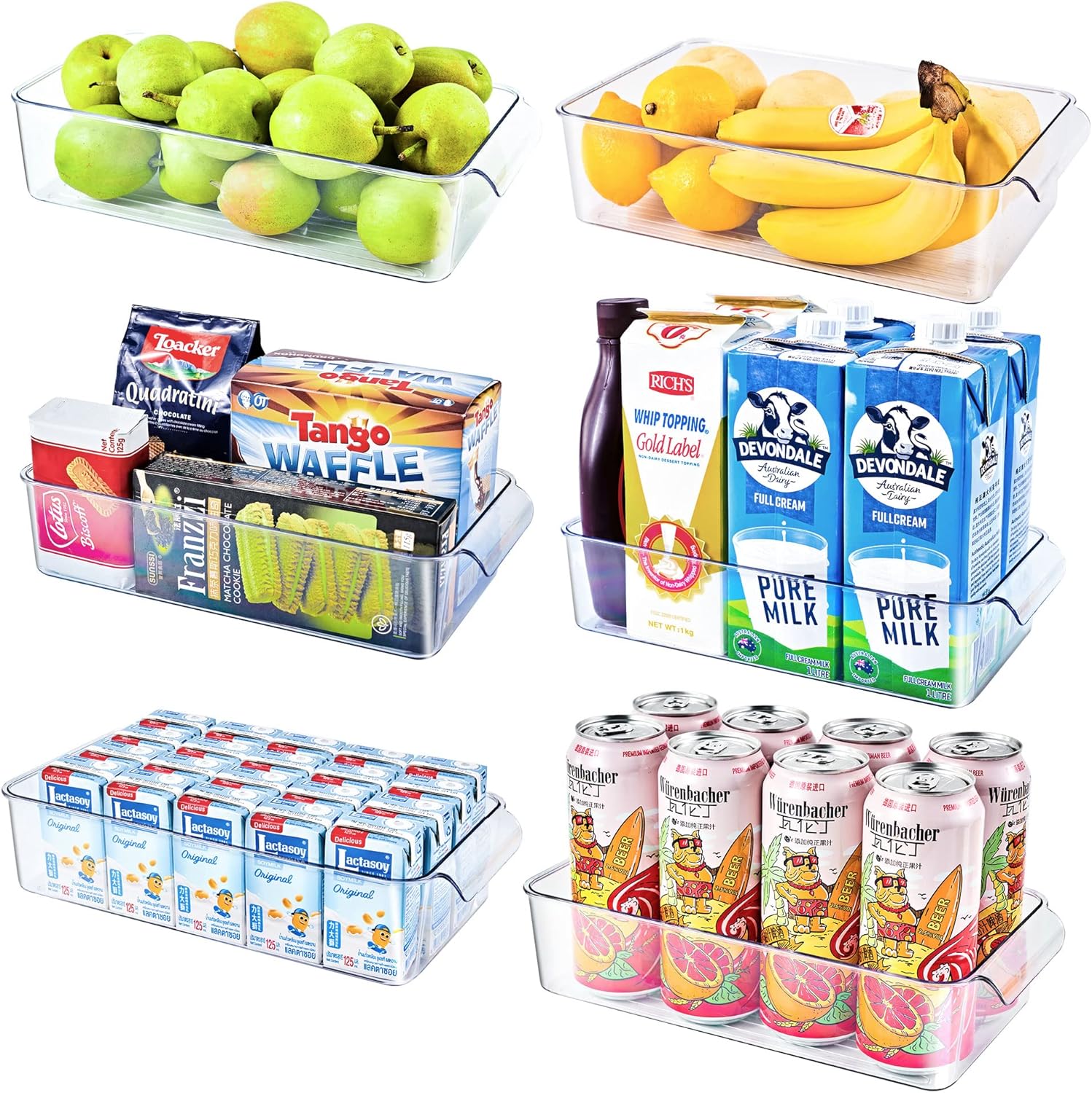 Refrigerator Pantry Organizer Bins Set of 6, Plastic (3 Medium + 3 Large) A646
