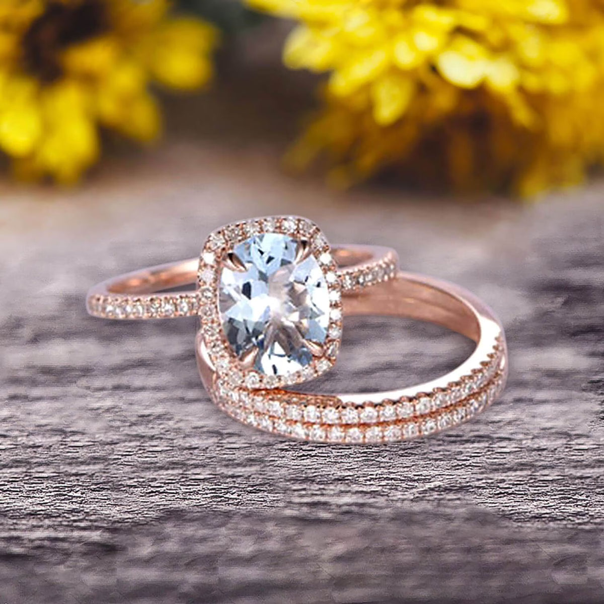 Oval Cut Aquamarine Engagement Ring 10k Rose Gold With Matching Band N44849