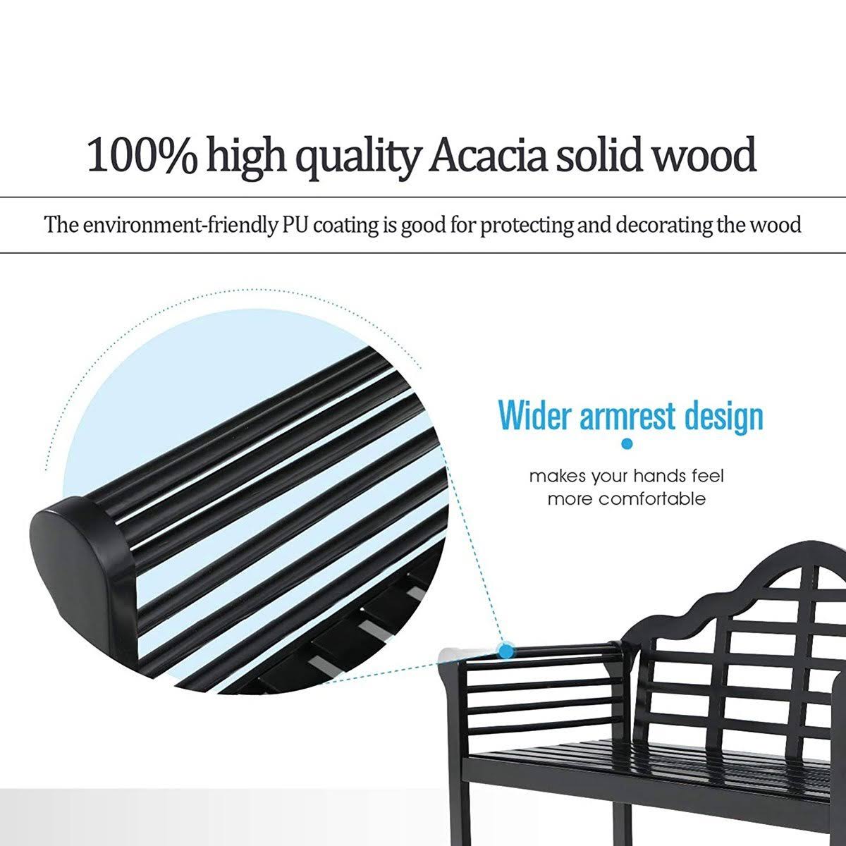 Black Acacia Wood Bench with Backrest and Armrests E179