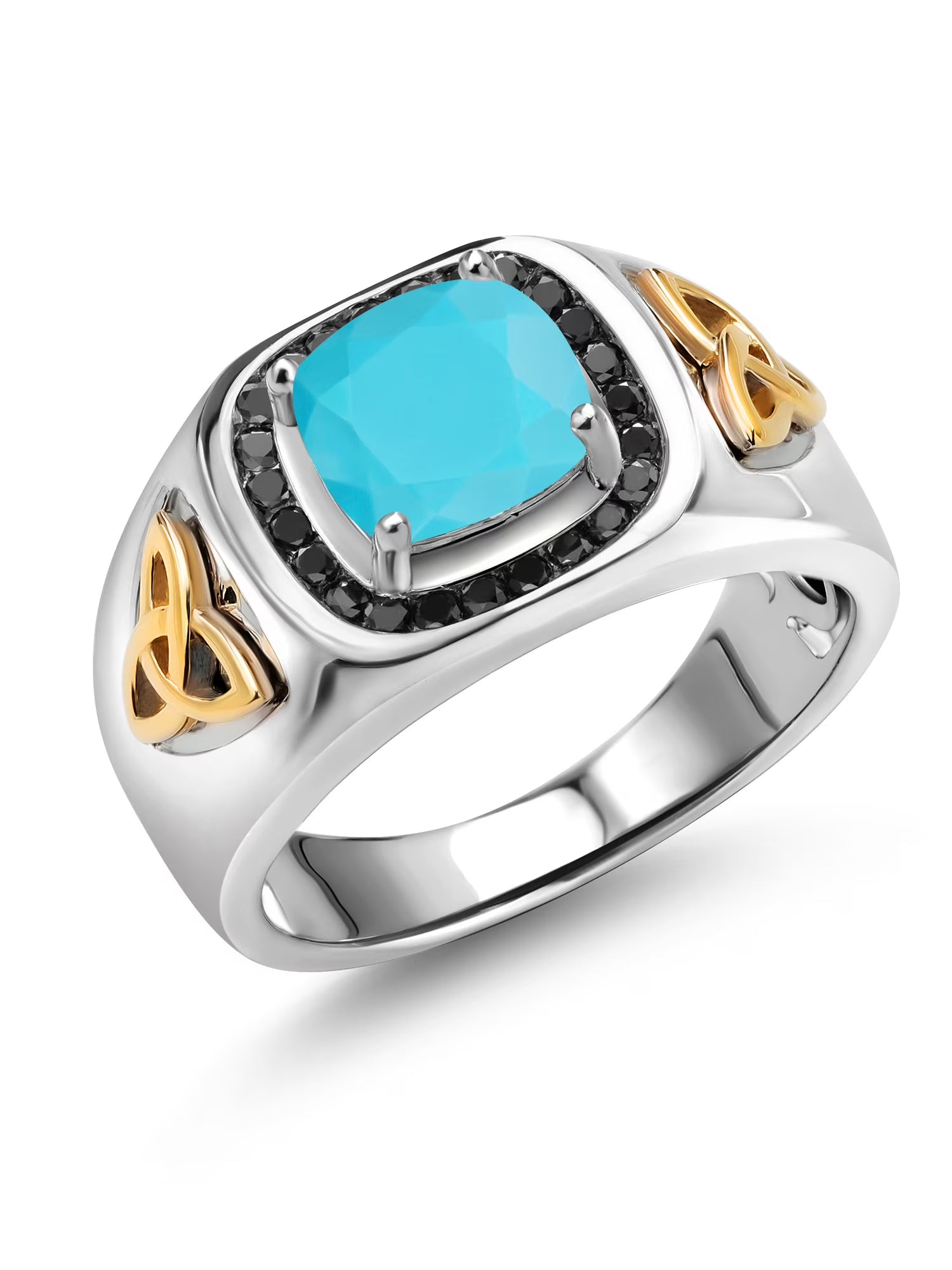 925 Sterling Silver 10K Yellow Gold Green Turquoise Black Diamond Ring G939165