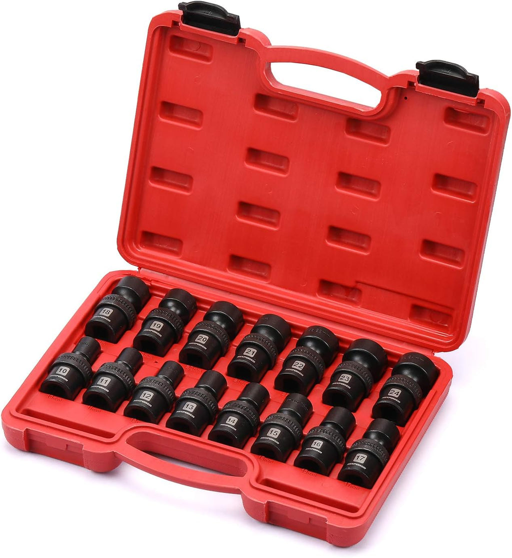 15-piece 1/2 Drive Shallow Universal Impact Socket Set, 6 Points, Metric, 10-24mm, Swivel Socket with Flexible Wobble, CR-MO, Heavy Duty Storage Case W755