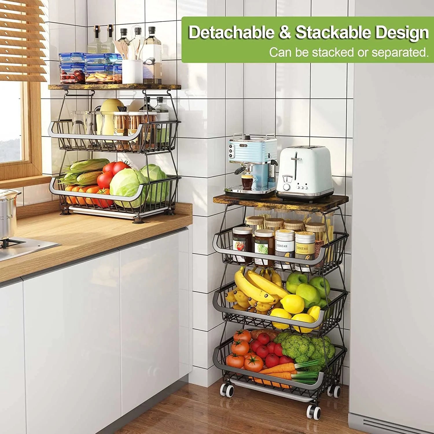 4 Tier Fruit Vegetable Cart with Solid Wood and Rollers Z88491