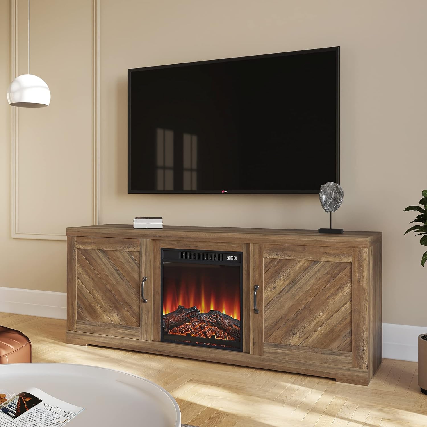 Farmhouse TV Stand with Two Shelves and Storage Cabinets A557