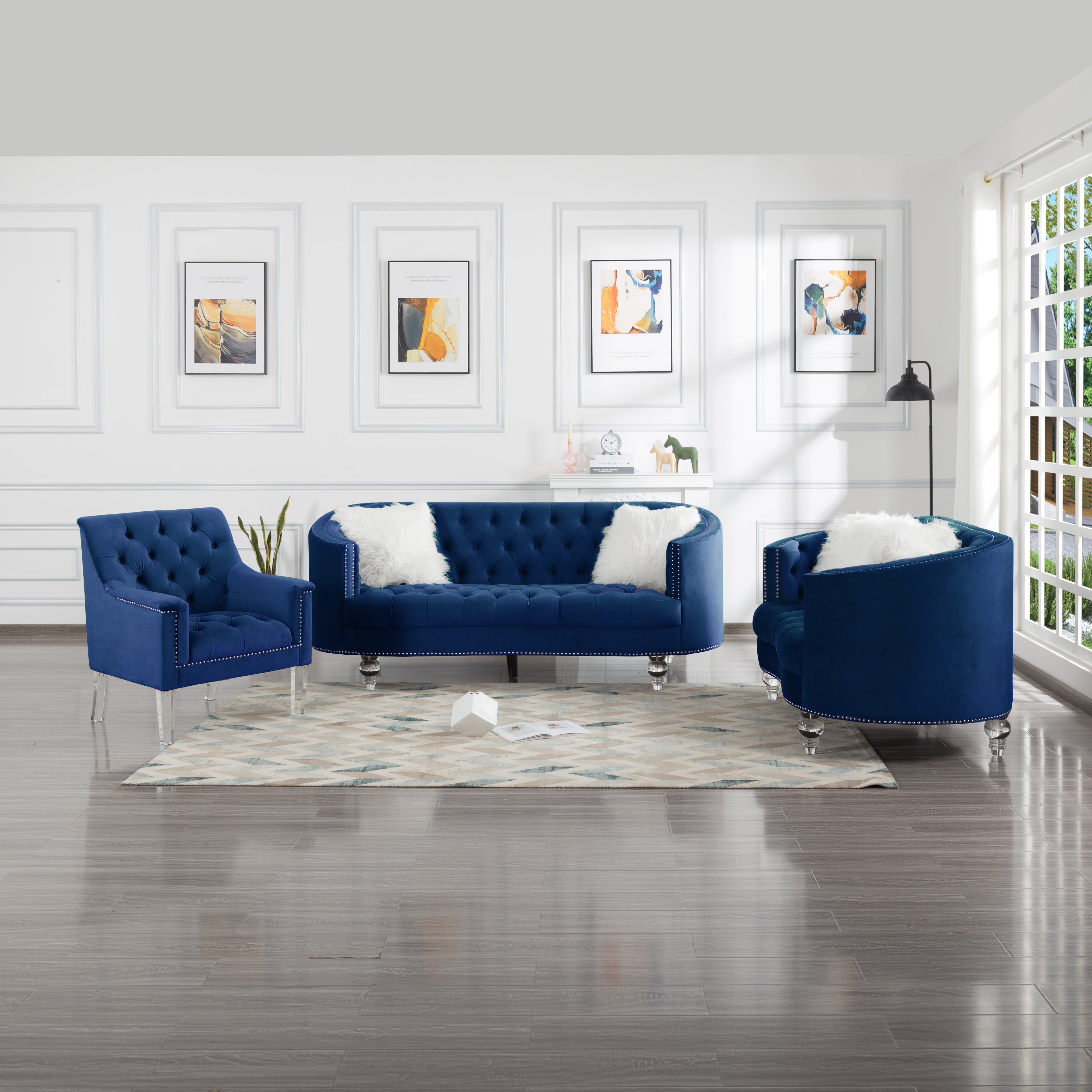 Navy Blue Velvet 3 Piece Living Room Set K594559
