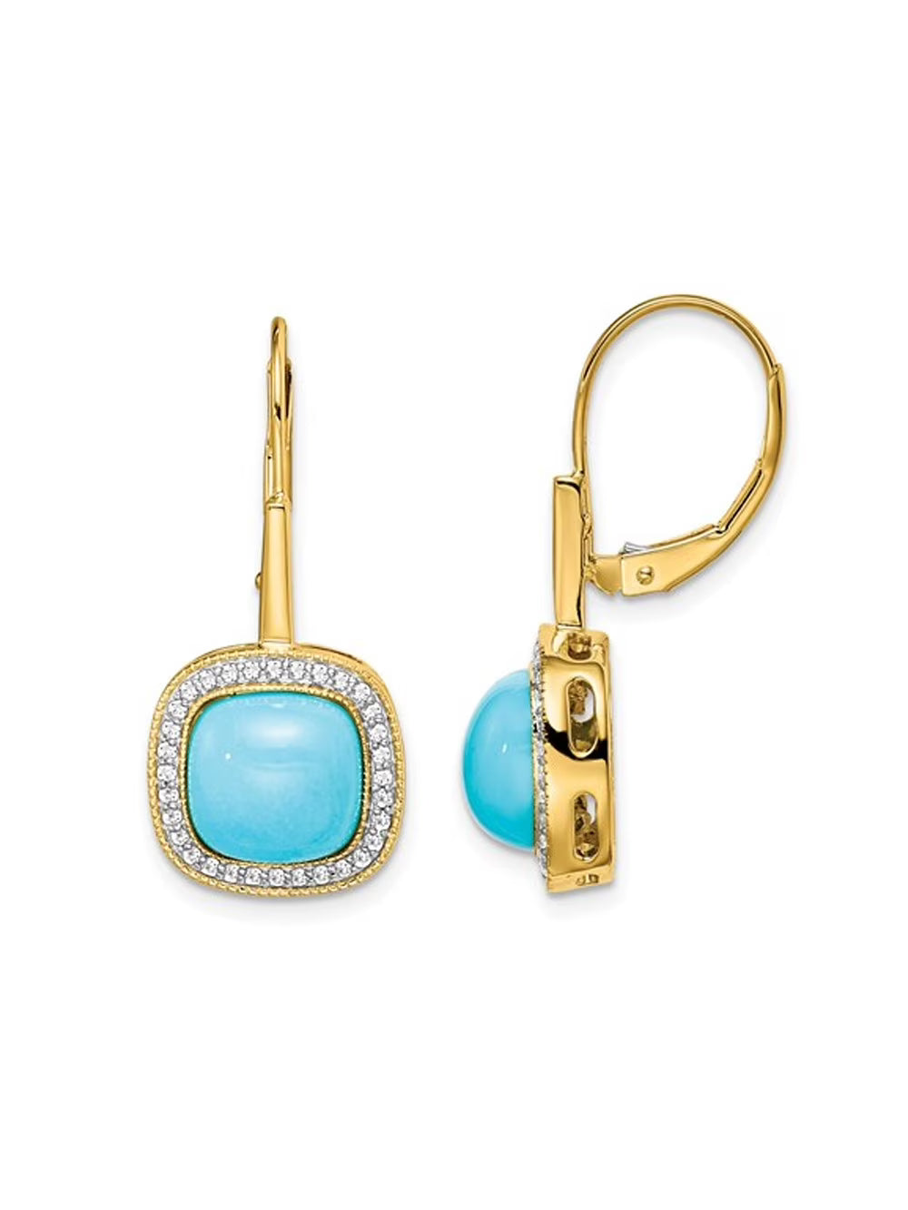 Turquoise Dangling Leverback Earrings in 14K Yellow Gold with Diamonds I95558