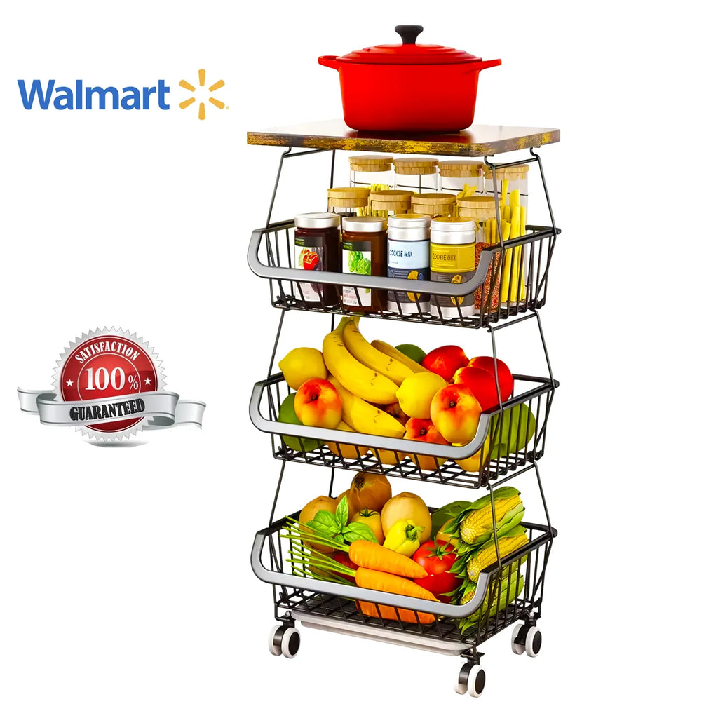 4 Tier Fruit Vegetable Cart with Solid Wood and Rollers Z88491