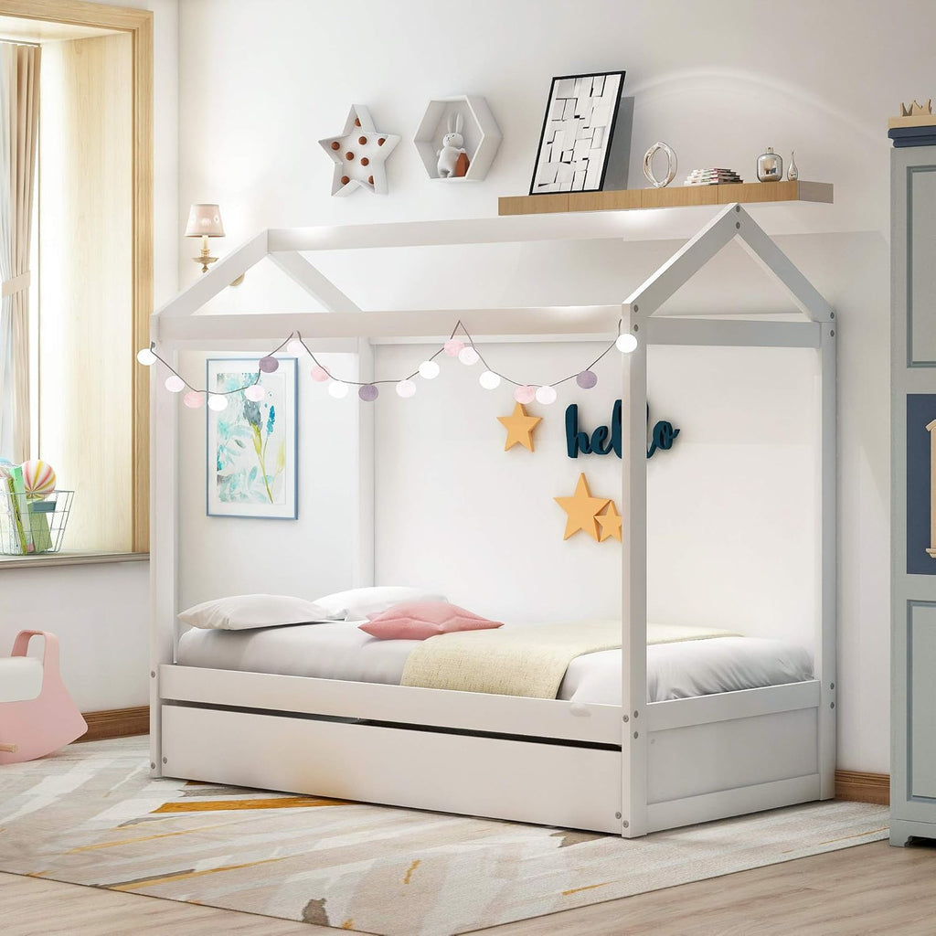 White Wood Twin Size House Bed Frame with Trundle E109