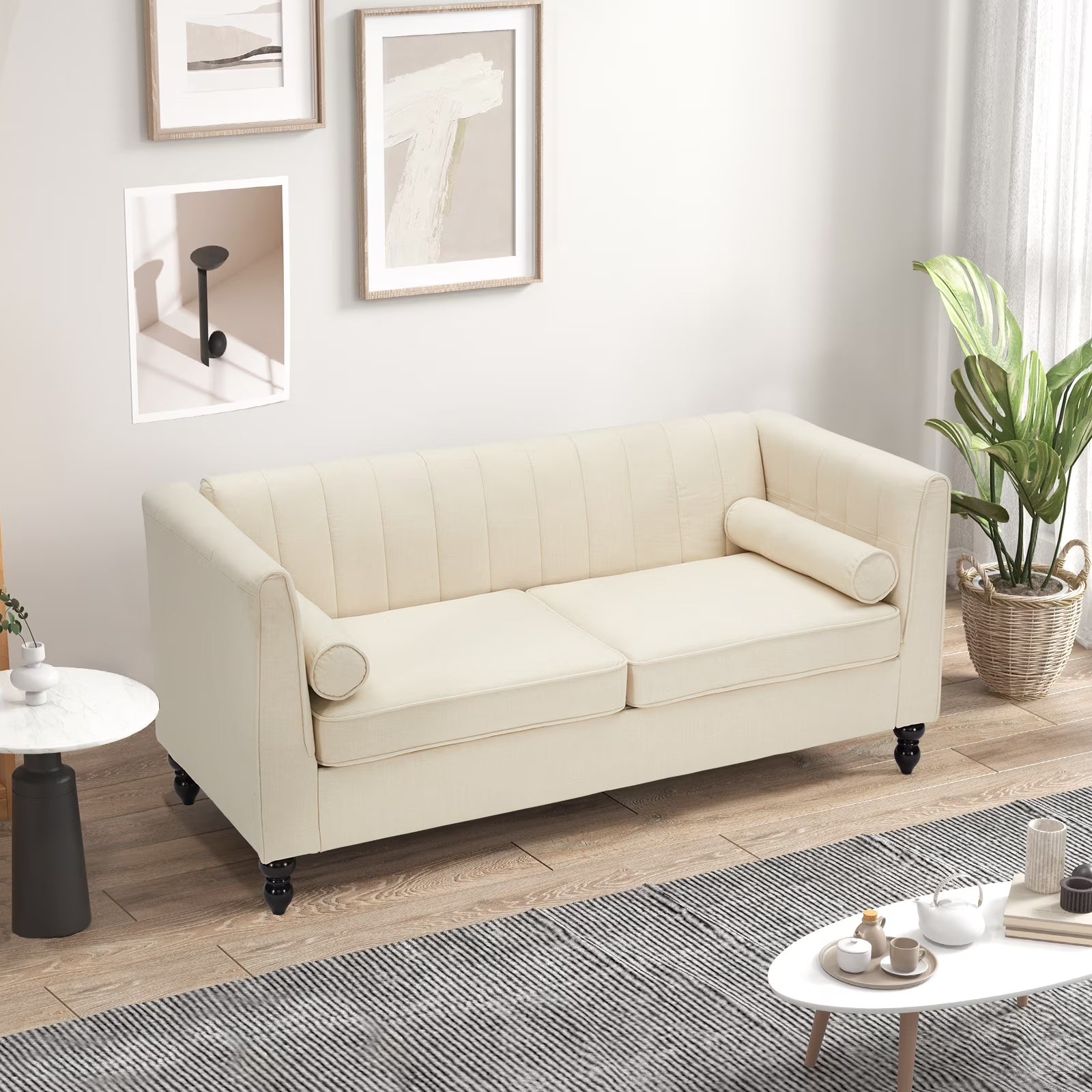 Grey Velvet Loveseat Sofa with Two Throw Pillows V472