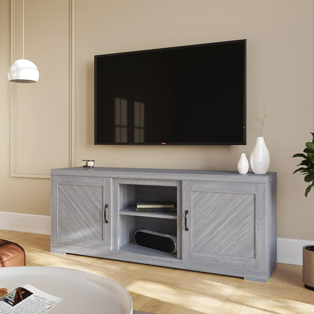 Farmhouse TV Stand with Two Shelves and Storage Cabinets A557