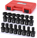 15-piece 1/2 Drive Shallow Universal Impact Socket Set, 6 Points, Metric, 10-24mm, Swivel Socket with Flexible Wobble, CR-MO, Heavy Duty Storage Case W755