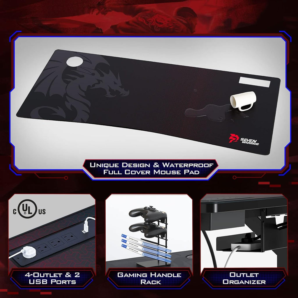 Gaming Desk with LED Strip & Power Outlets, Carbon Fiber Surface Computer Desk with Full Desk Mouse Pad E973605