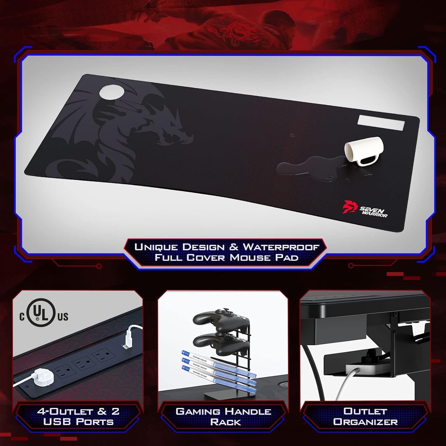 Gaming Desk with LED Strip & Power Outlets, Carbon Fiber Surface Computer Desk with Full Desk Mouse Pad E973605