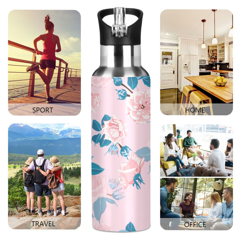 Pink Roses Flower Blue Stainless Steel Insulated Water Bottle with Straw Lid W9318