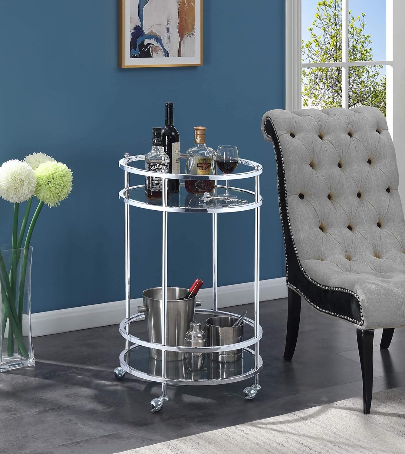 Clear Glass Chrome Frame Bar Cart With Wheels S7826