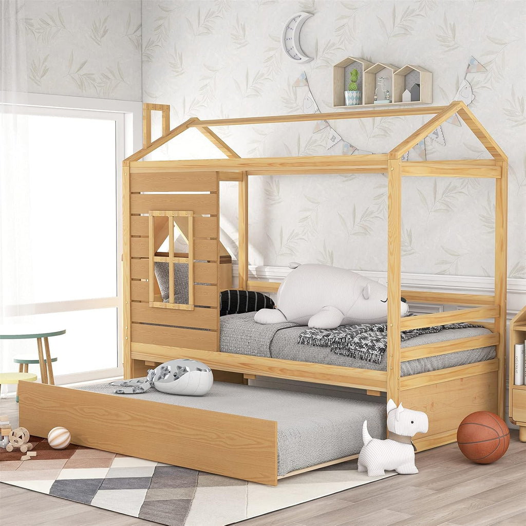 White Wood Twin Size House Bed Frame with Trundle X964612