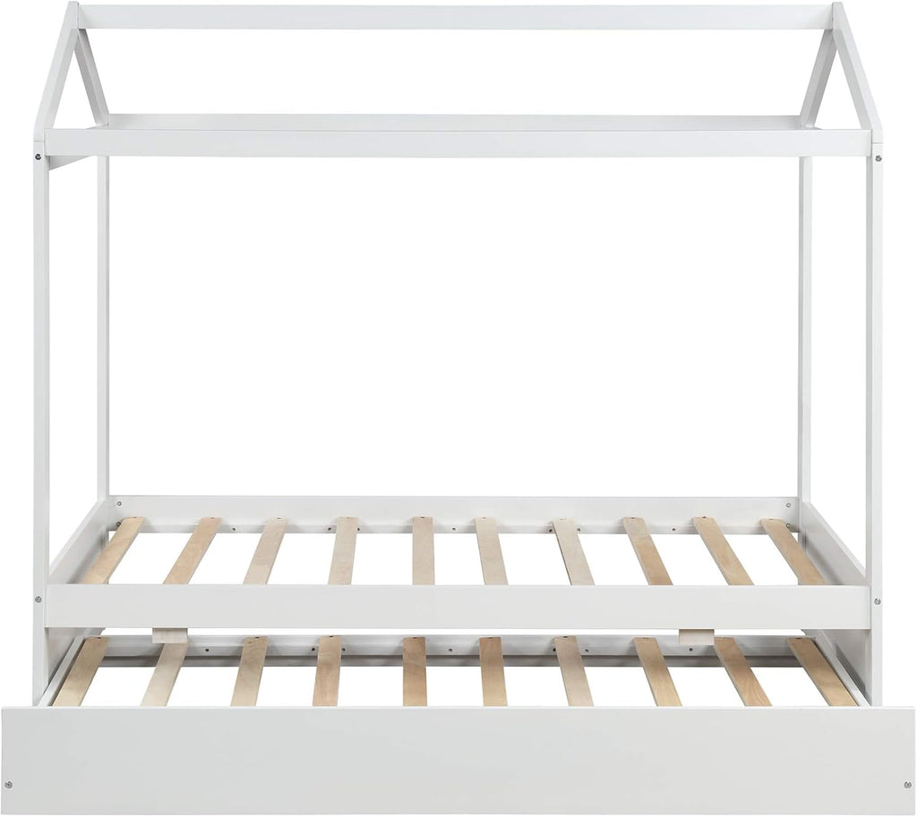White Wood Twin Size House Bed Frame with Trundle E109