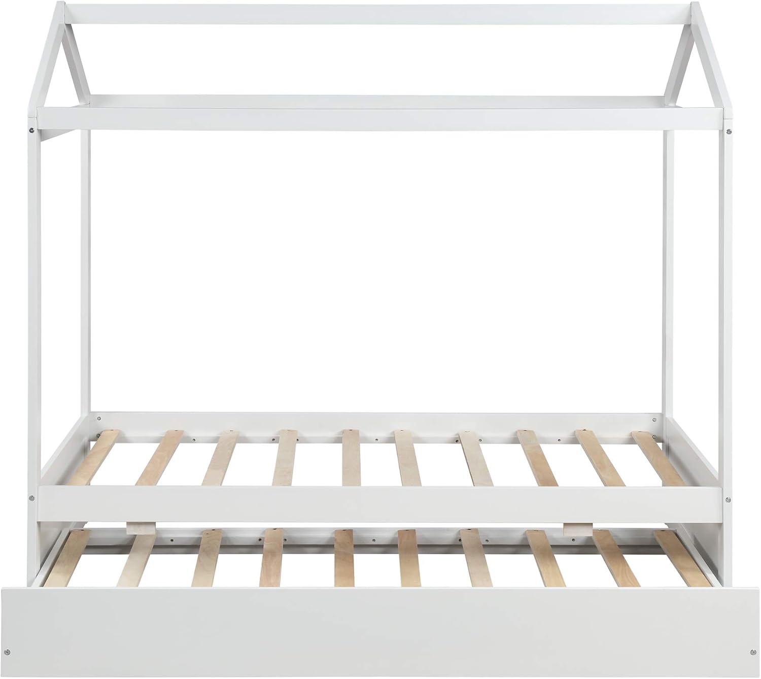 White Wood Twin Size House Bed Frame with Trundle E109