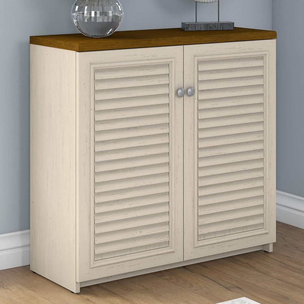 Antique White and Tea Maple Small Storage Cabinet with Doors L220949