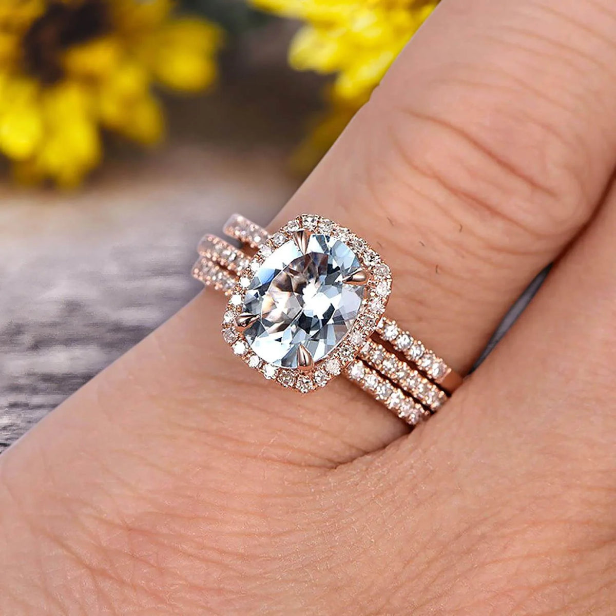 Oval Cut Aquamarine Engagement Ring 10k Rose Gold With Matching Band N44849