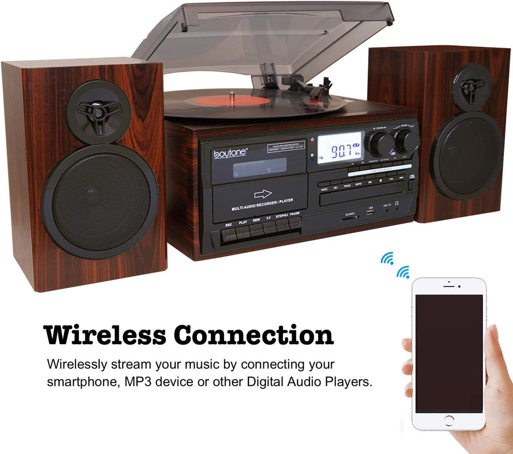 Bluetooth Record Player Turntable with AM/FM Radio, CD / Cassette Player, 2 Stereo Speakers B549248