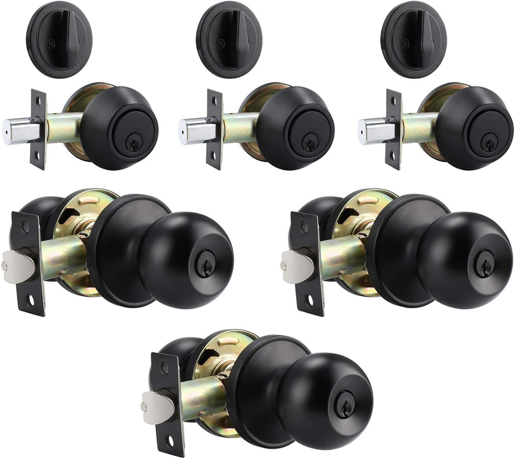 4 Pack Flat Black Entry Door Knob and Double Cylinder Deadbolt Combination Set Z6812