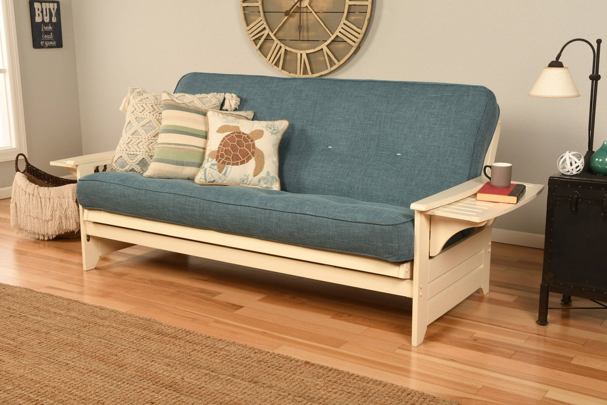 White/Aqua Blue Linen Fabric Futon E861546