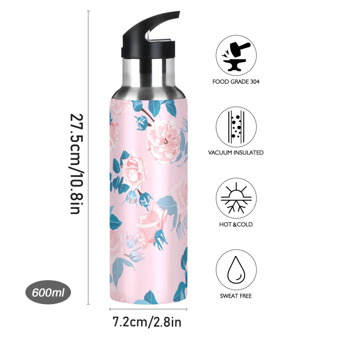 Pink Roses Flower Blue Stainless Steel Insulated Water Bottle with Straw Lid W9318