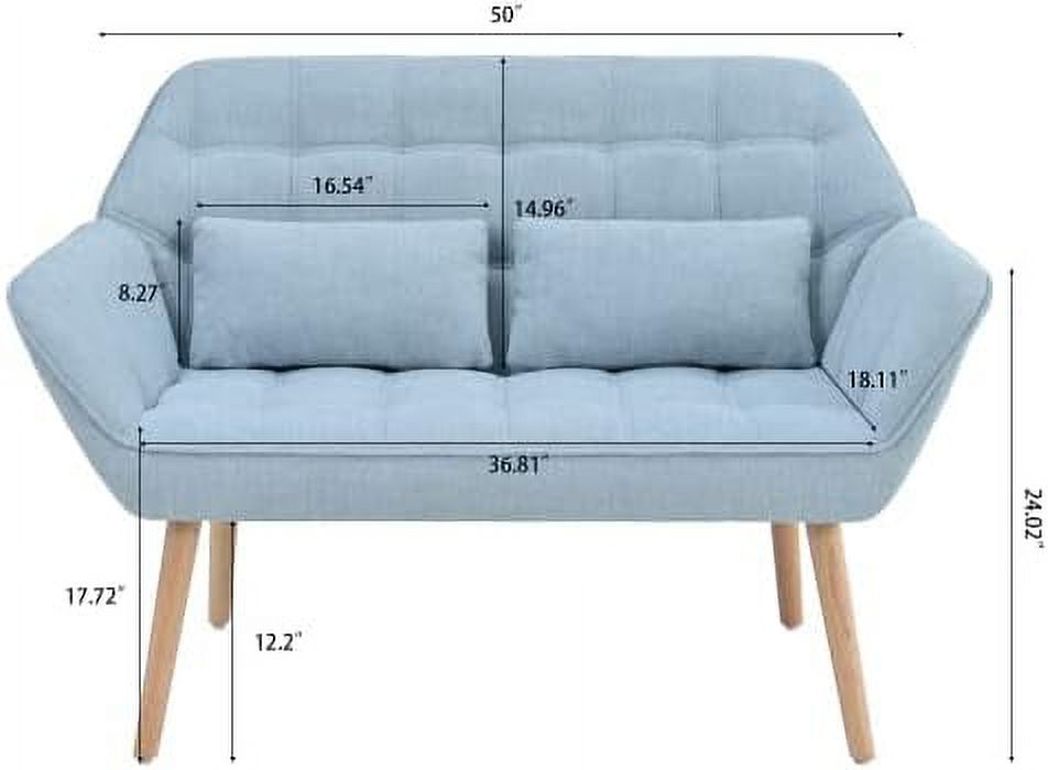 Blue Linen Fabric 2-Seat Loveseat Sofa with 2 Pillow O763