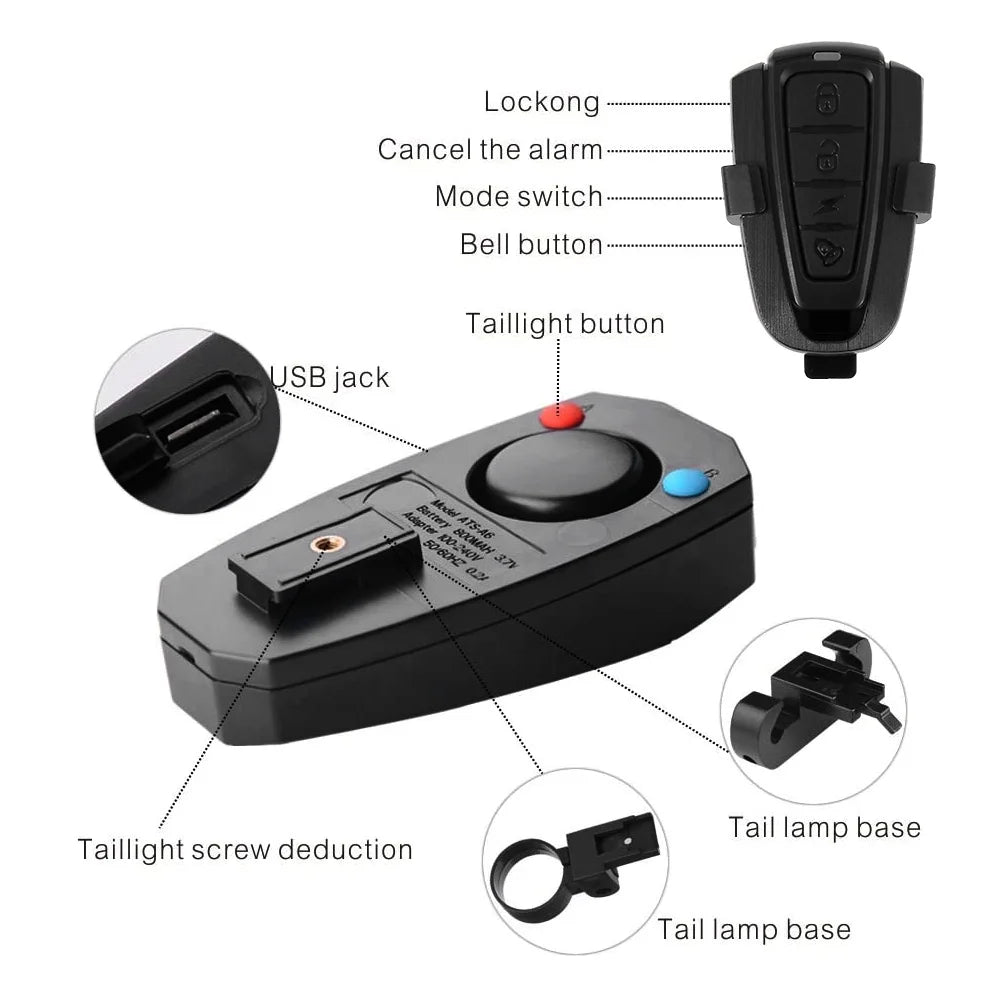 Smart Bike Tail Light with Wireless Remote Control and Electric Bell V189