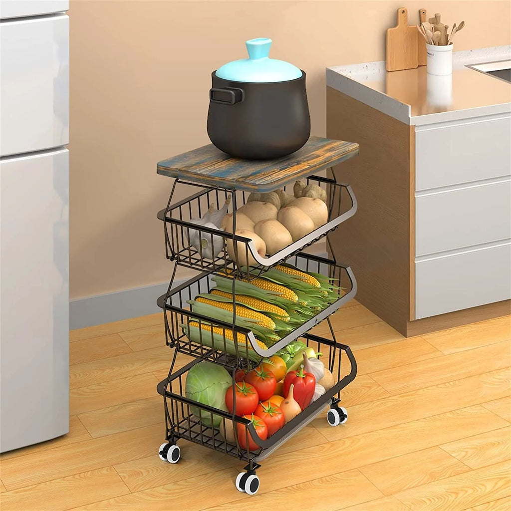 4 Tier Fruit Vegetable Cart with Solid Wood and Rollers Z88491