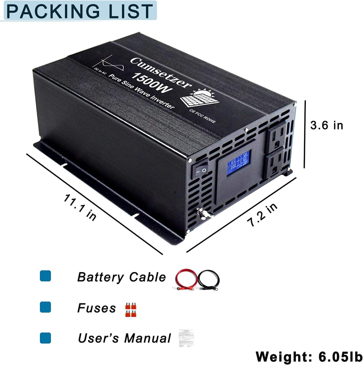 1500w 12v Pure Sine Wave Power Inverter DC to AC 110v 120v with Dual US Outlet and LCD Display J450