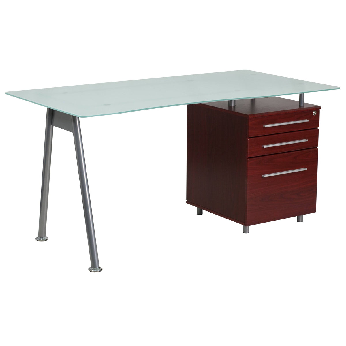 Glass Computer Desk with Mahogany Three Drawer Pedestal M1698