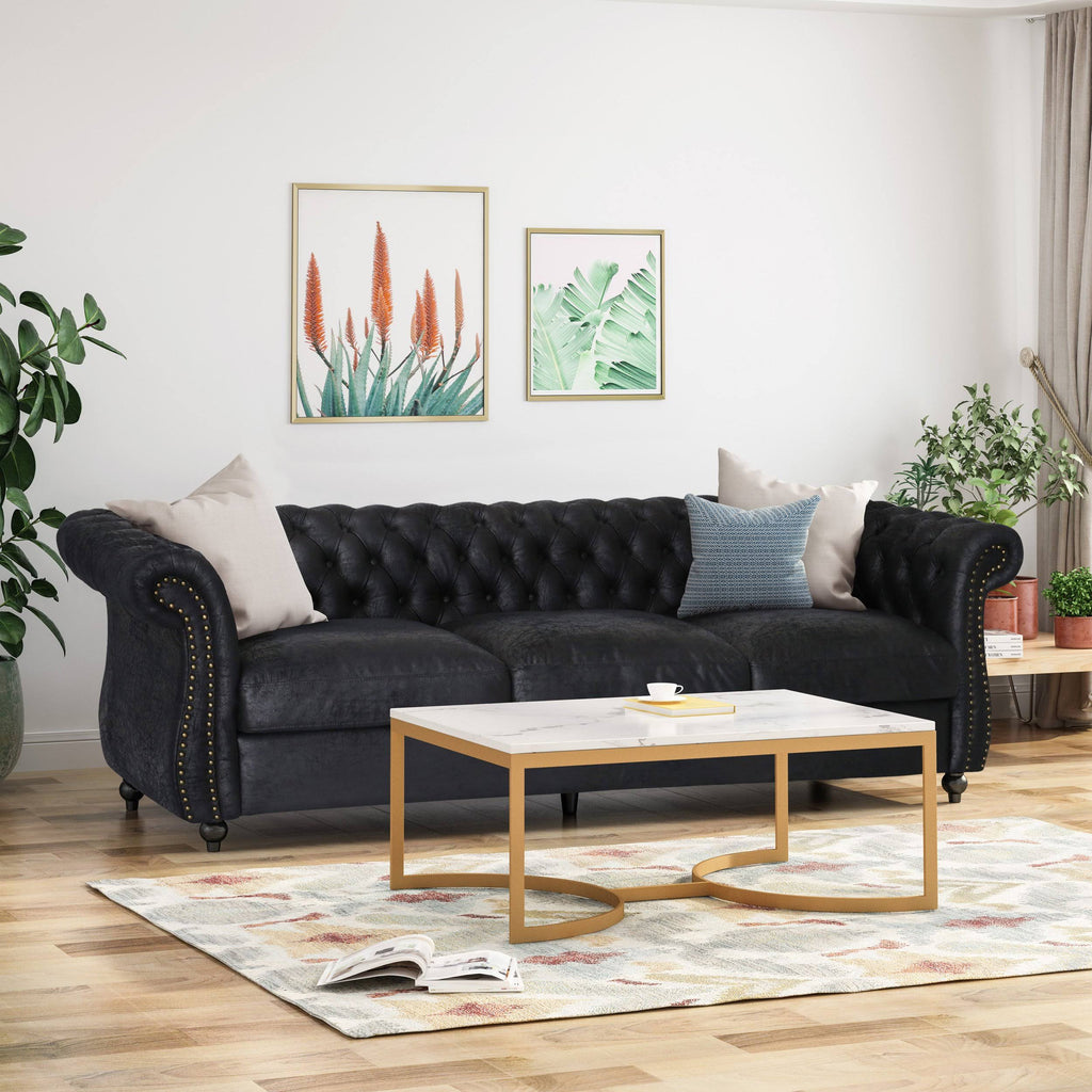 Black Chesterfield Tufted Microfiber Sofa with Scroll Arms P1753