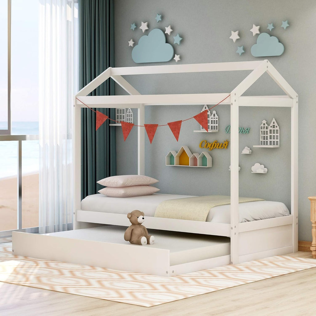White Wood Twin Size House Bed Frame with Trundle X964612