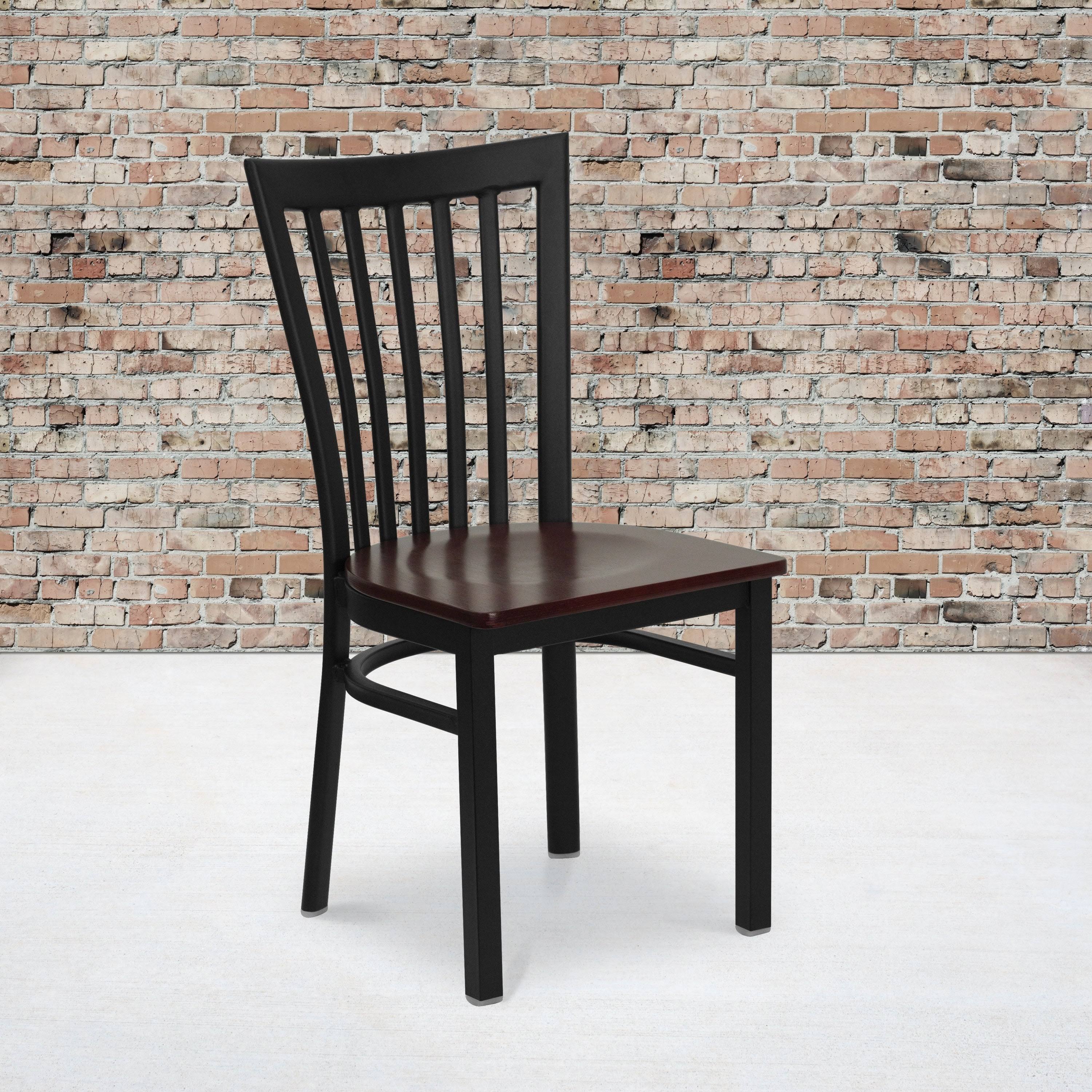 2 Pack School House Back Restaurant Chair Mahogany Wood Seat Black Metal W32300