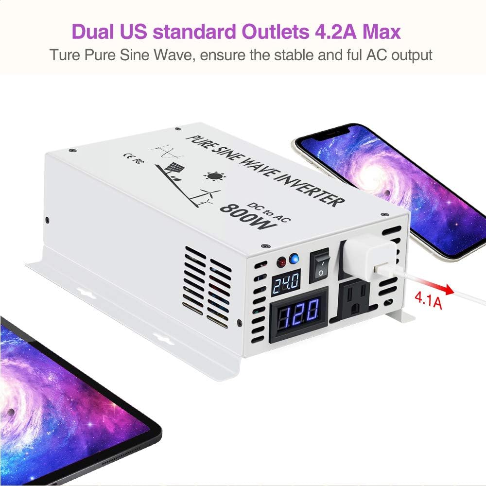 Pure Sine Wave 800W Power Inverter DC to AC 24V 120V X40939