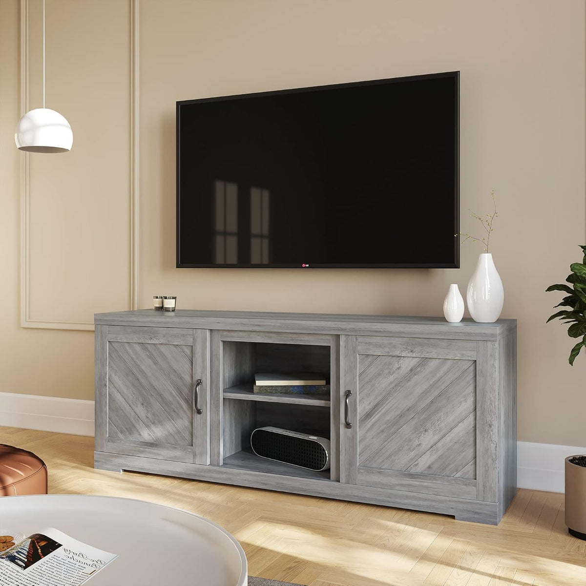 Farmhouse TV Stand with Two Shelves and Storage Cabinets A557