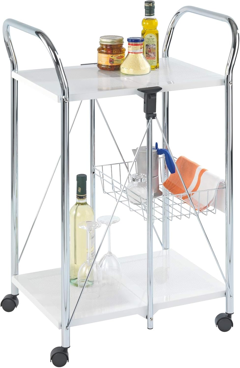Foldable Utility Powder-Coated Metal Rolling Kitchen Cart, Silver Matt N718247