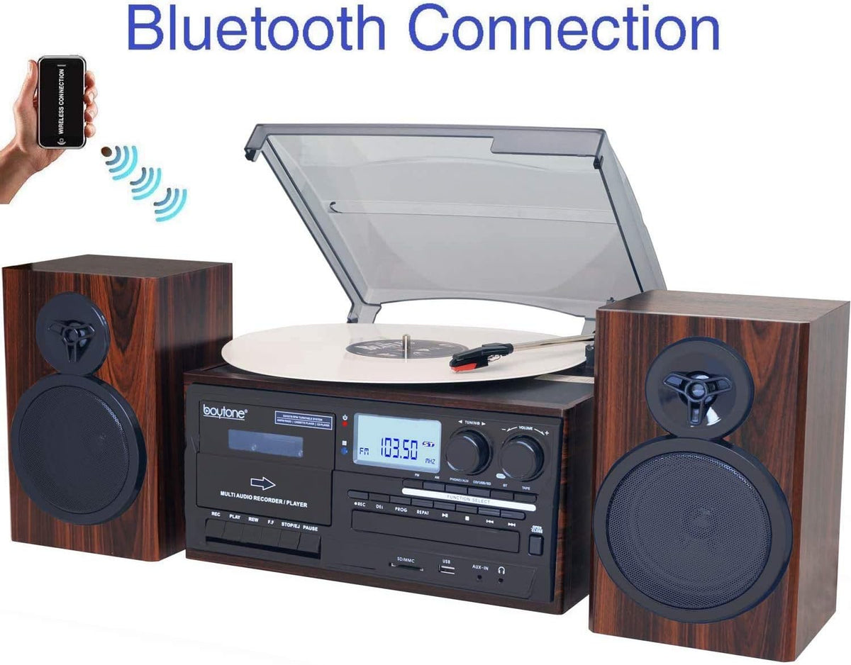 Bluetooth Record Player Turntable with AM/FM Radio, CD / Cassette Player, 2 Stereo Speakers B549248