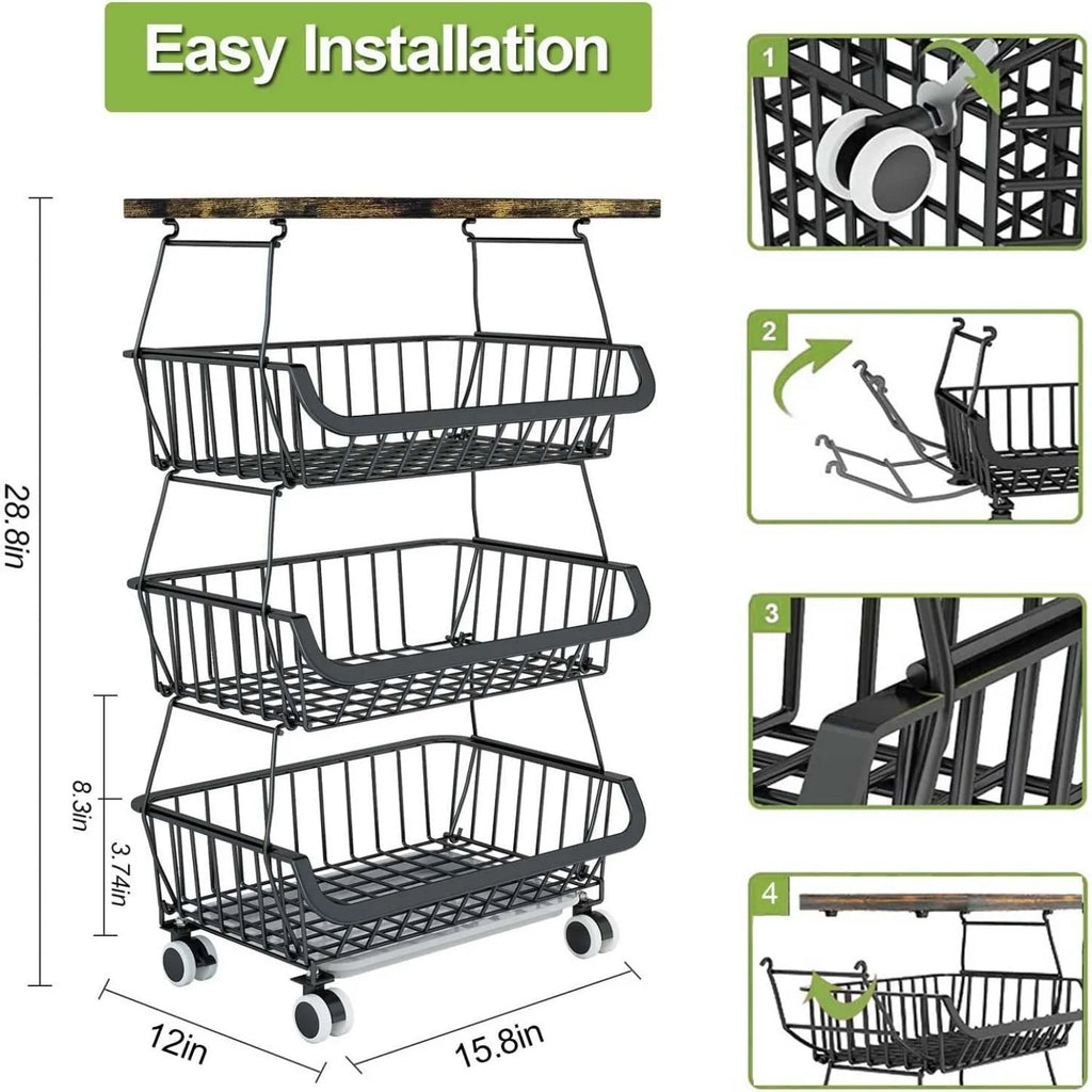4 Tier Fruit Vegetable Cart with Solid Wood and Rollers Z88491