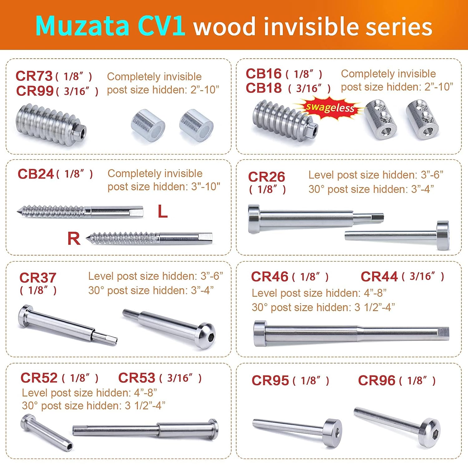 Invisible Cable Railing Kit 1/8" Swage Tensioner T316 Stainless Steel D828