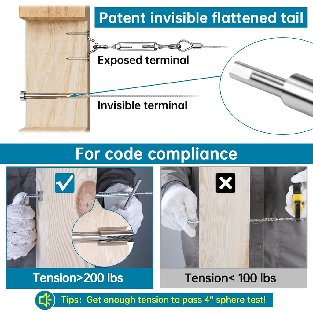 Invisible Cable Railing Kit 1/8" Swage Tensioner T316 Stainless Steel D828