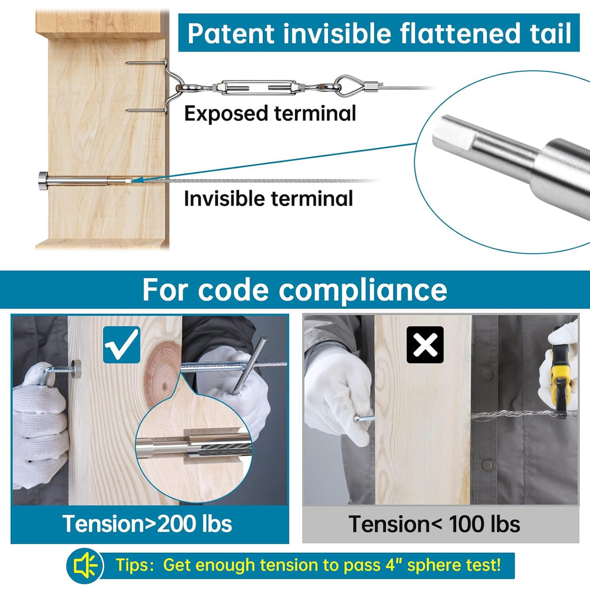Invisible Cable Railing Kit 1/8" Swage Tensioner T316 Stainless Steel D828