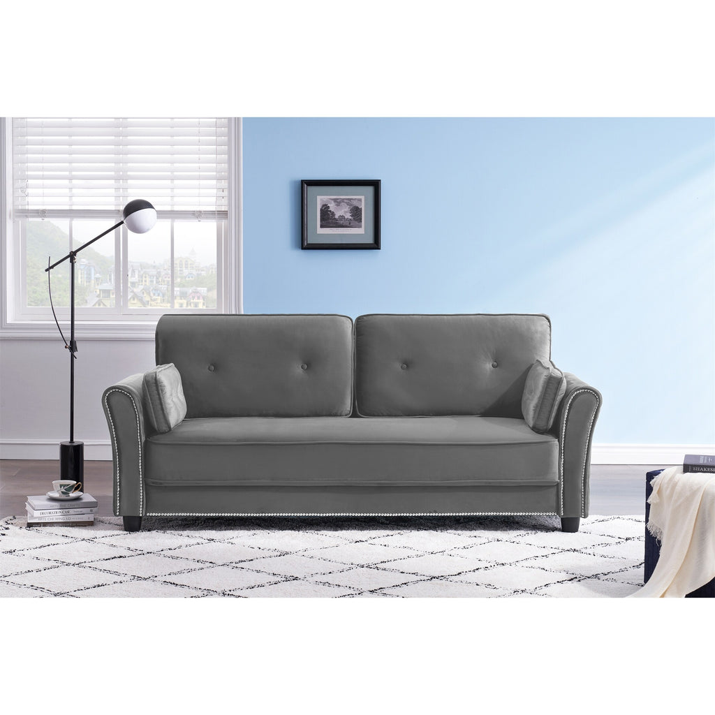 Grey Velvet Loveseat Sofa with Two Pillows F64832