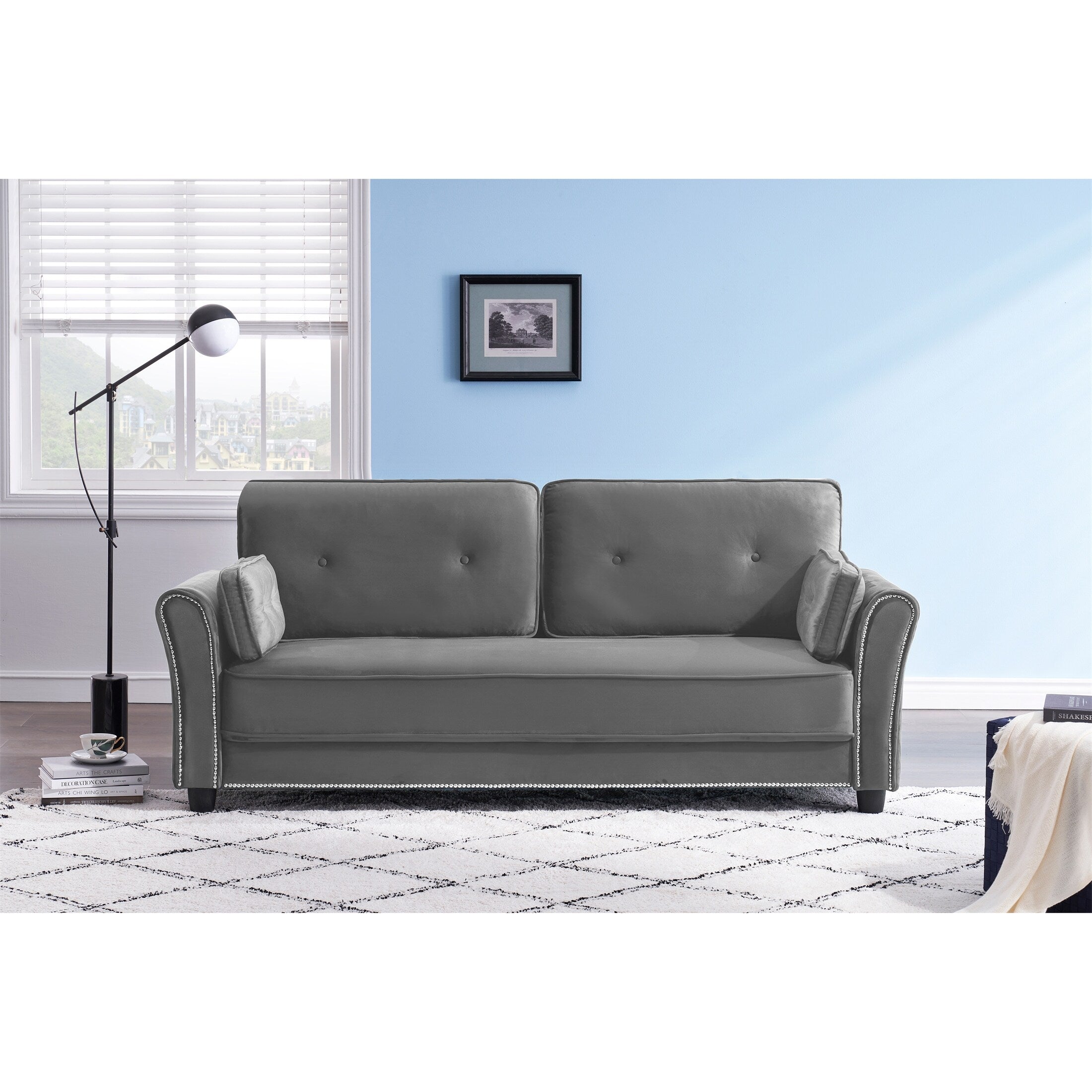 Grey Velvet Loveseat Sofa with Two Pillows F64832